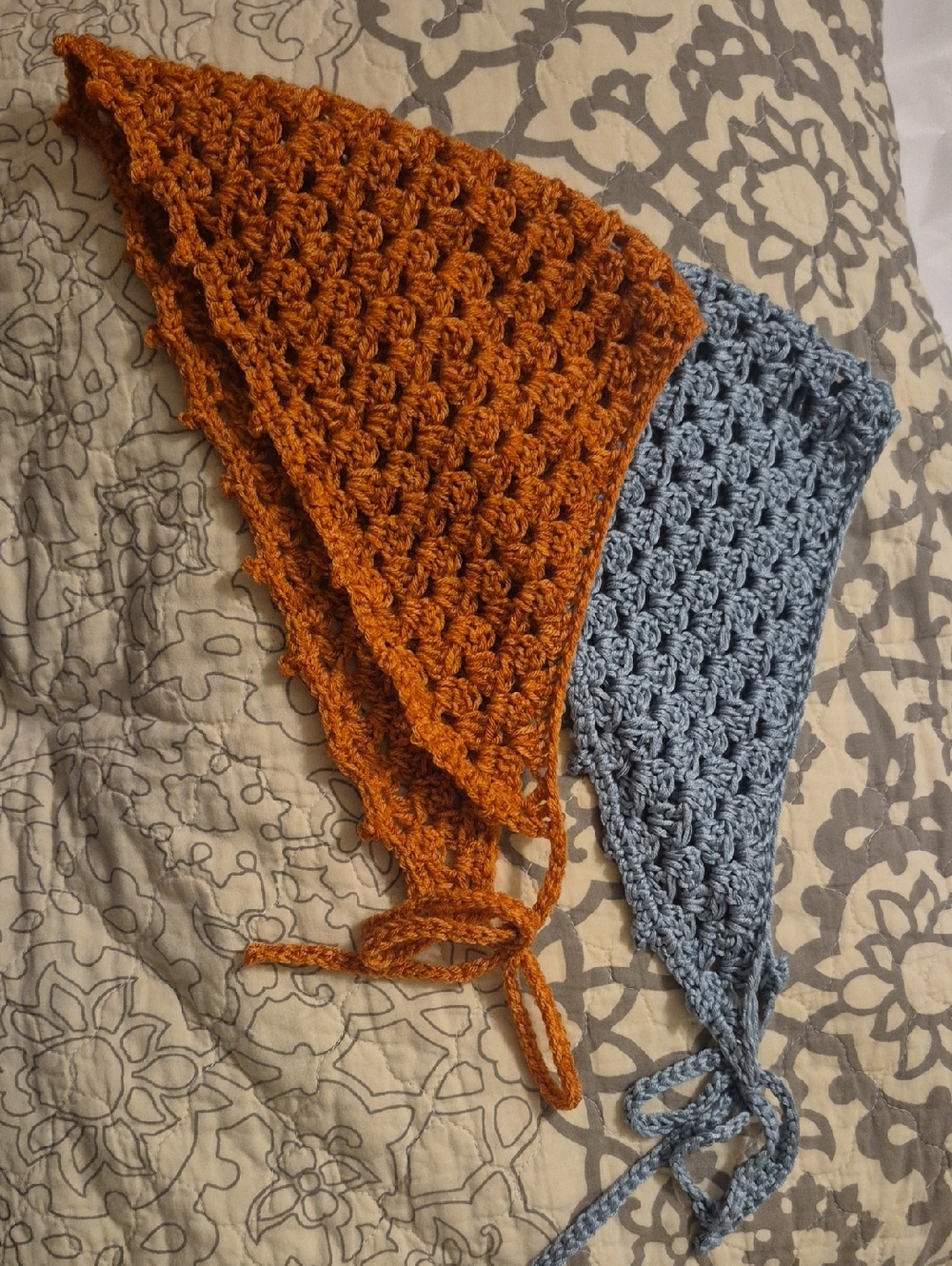 Handmade Crochet Triangle Bandanas - Rust Orange & Dusty Blue